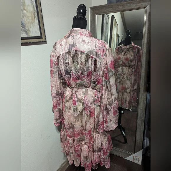 Alex Marie Lana Floral Print Long Puffed Sleeve Mock Neck Tiered Hem Dress